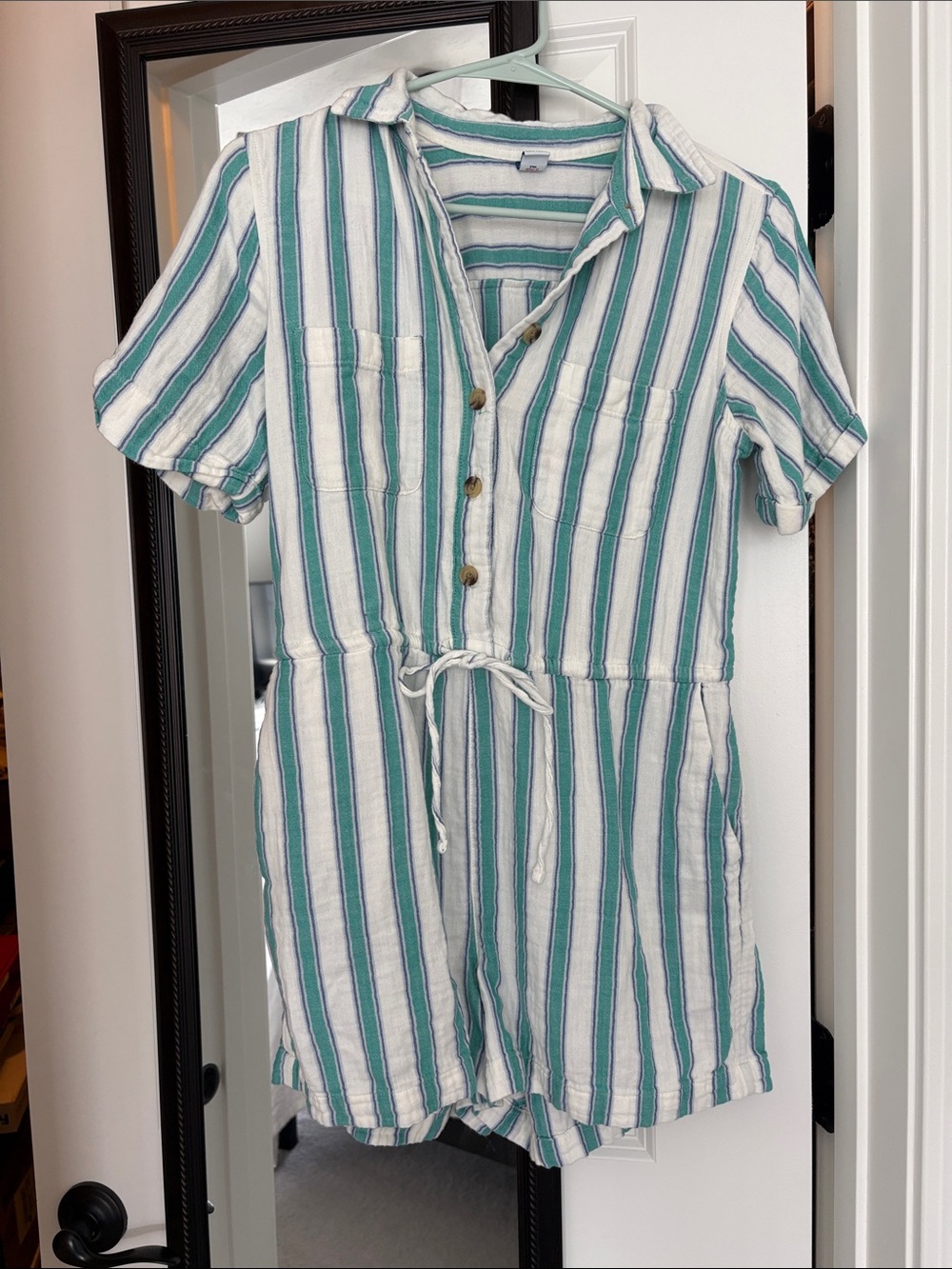 Old Navy White and Teal Striped Romper